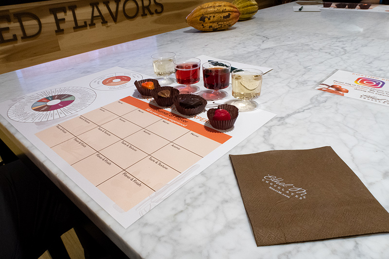 Four chocolate truffles and four small cups of wine are lined up on a placemat called "Journal of Flavor". The placemat has a flavor wheel and spaces to document your tasting experience. To the right, a brown napkin says "Ethel M chocolates"