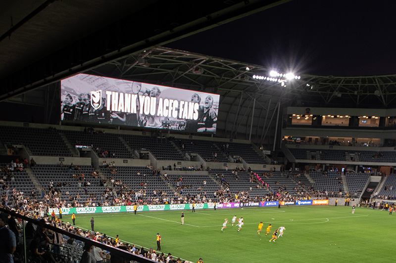 The big screen reads Thank You ACFC Fans at the end of the final game of Angel City's first season.