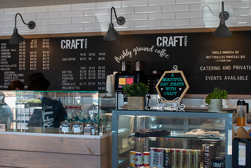 counter at Craftkitchen Las Vegas, drink board behind