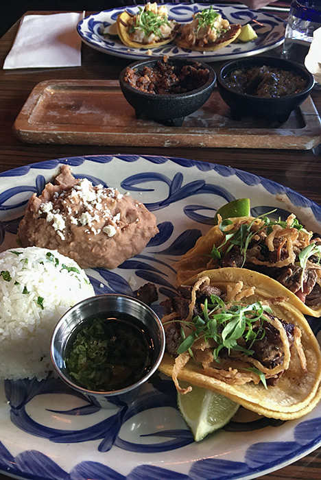 A close-up of street tacos with beans and rice on a blue and white plate. In the background, a bowl of salsa and another plate of street tacos is visible.